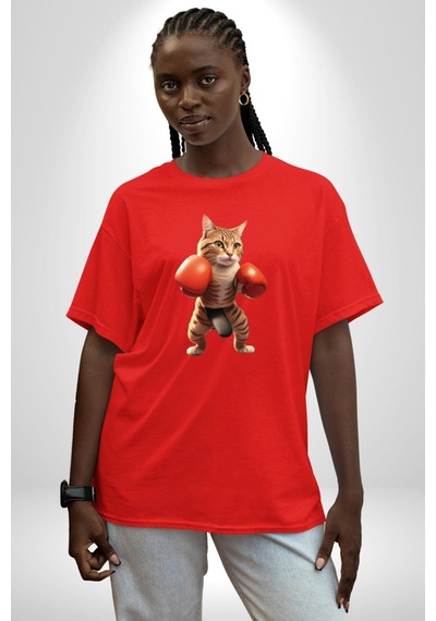 Boks Yapan Kedi Pamuklu Bisiklet Yaka Unisex Oversize Boyfriend Dijital Baskılı Kırmızı T-shirt Kırmızı