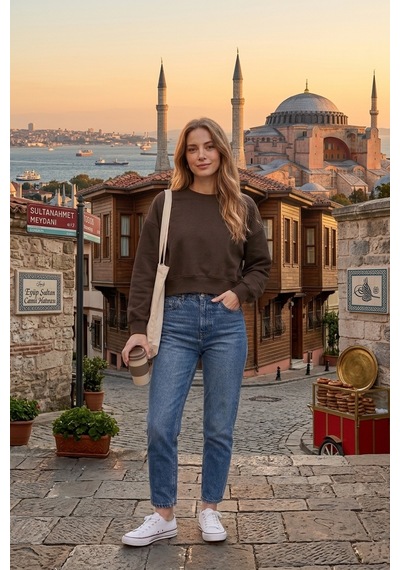 Luxıc Core Kadın Crop Bisiklet Yaka Sweatshirt Pamuklu Yumuşak Dokulu Günlük Spor Sweatshirt Kahverengi