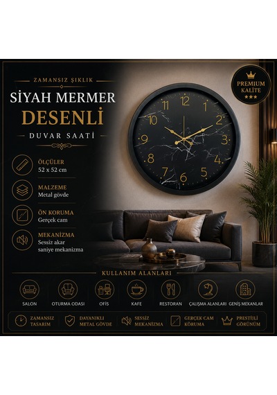 Siyah Mermer Desenli 52 X 52 Cm Duvar Saati