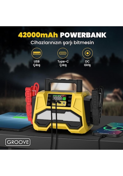 Groove F05 42000mah 8000a Akü Takviye Cihazı +lastik Şişirme Kompresörlü Taşınabilir Jump Starter+pd 30w Hızlı Şarj Kompresör+powerbank+led Lamba+lcd Ekran