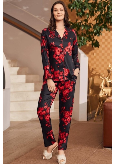 Mecit Pijama Mecit 5922 Bayan Çiçek Desenli Boydan Düğmeli Pijama Takımı 001