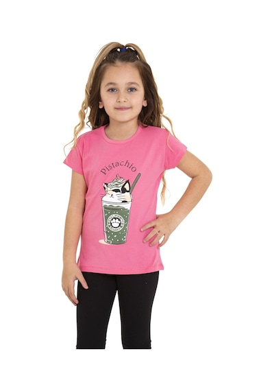 Pembe Cappucino Baskılı Bisiklet Yaka 5-12 Yaş Tişört 2018-3 Pembe