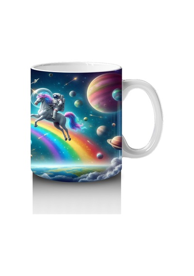 Çocuklara Sütü Sevdiren Uzayda Gökkuşağı Ve Astronot Unicorn Desenli Kupa Bardak Renkli