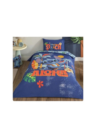 Taç Lisanslı Disney Stitch Aloha Tek Kişilik Pamuk Nevresim Takımı Mavi