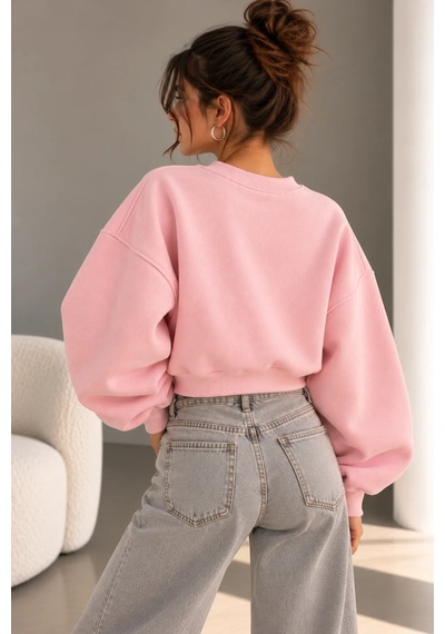 Bbbutikbasic 3 İplik Şardonlu Kısa Sweatshirt Bisiklet Yaka Kadın 3 İplik Şardonlu My3535 Pembe