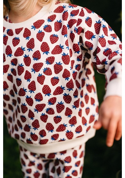 Antebies Organik Gots Sertifikalı Çilek Tarlası Desenli, Uzun Kollu Ribanalı Sweatshirt, Bel Lastikli Taytlı Kız Çocuk Takımı Bordo