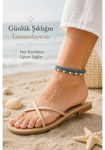El Örgüsü Halhal Kadın Ayak Bilekliği Boncuklu İnci Renkli Gelinlik Detaylı Bohem Yazlık Ayarlanabilir Halhal Gri