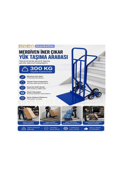 300 Kg Merdiven İner Çıkar Koli Taşıma Arabası 6 Tekerlekli Ağır Yük El Arabası Bant Marketim