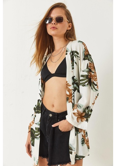 Shade Kadın Çiçek Desenli Kısa Viskon Kimono 60261498 - Ekru