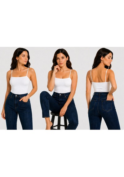 İngegno Body İp Askılı Standart Boy Viskon Ring Örme Kumaş Kadın Body 2 Li Paket Beyaz - Kahverengi