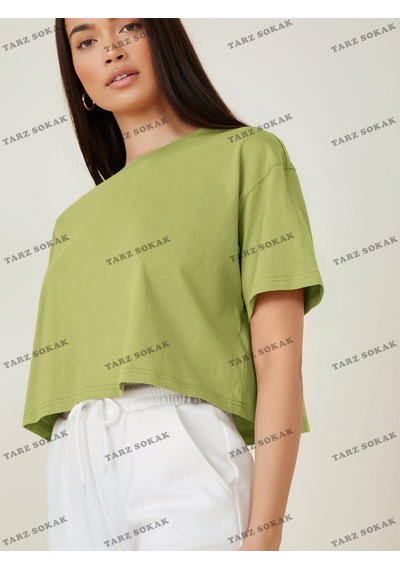 Flood Of Style Crop Ckod-232913 Pamuk Damla Omuz Düz Kısa Yeşil