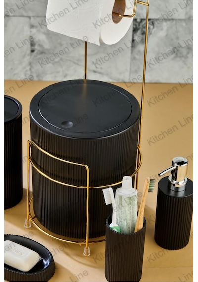 Gold 6 Parça Banyo Seti Metal Standlı Çöp Kovalı Wc Kağıtlık Ve Tuvalet Fırçası Katı- Sıvı Sabunluk Siyah