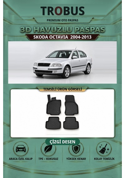Skoda Octavia 2004-2013 Çizgi Desen 3d Havuzlu Paspas Takımı Siyah
