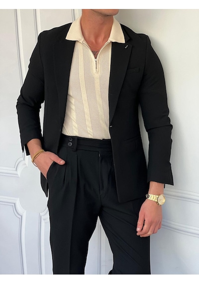 Modefendi Özel Seri %100 Gofre Kumaş İtalyan Kesim Pileli Modern Fit Takım Elbise Siyah