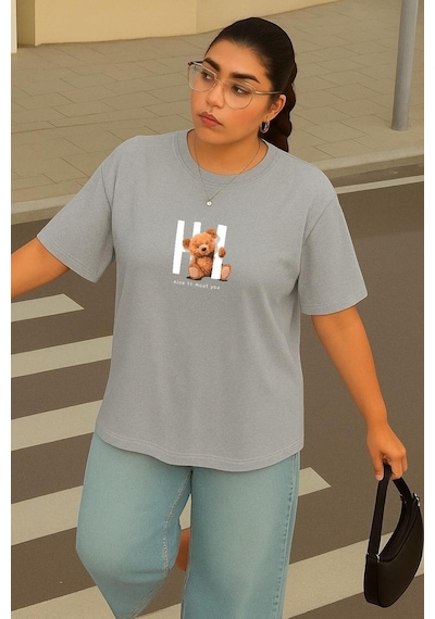 Büyük Beden Ayıcık Baskılı Unisex Tişört Gri