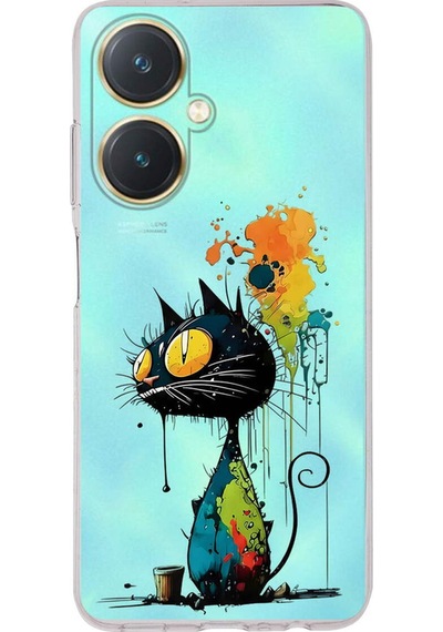 Vivo Y27 İle Uyumlu Splash Kedi Tasarımlı Şeffaf Silikon Kılıf Şeffaf