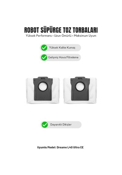Dreame L40 Ultra Ce İle Uyumlu 2'li Toz Torbası 17.0