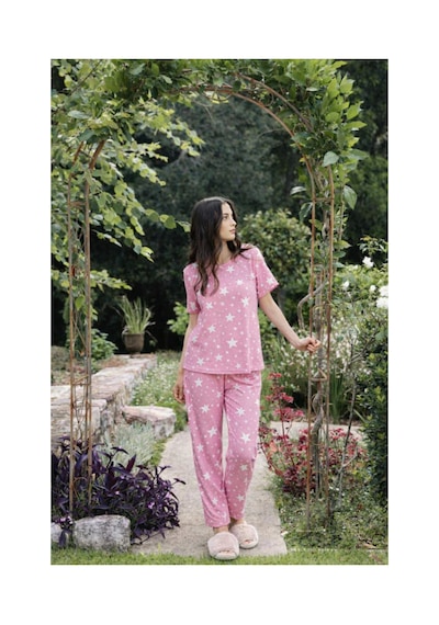 Rindahomewear Kadın Milan Pembe Yıldız Desenli Kısakol Pijama Takımı Pembe
