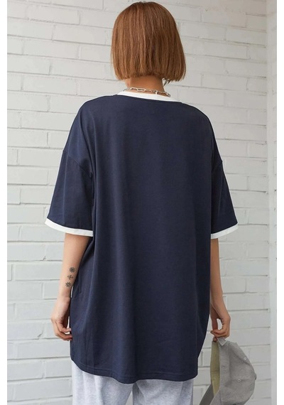 Unisex Lacivert Yaka Kol Detaylı California Club Baskılı Oversize T-shirt