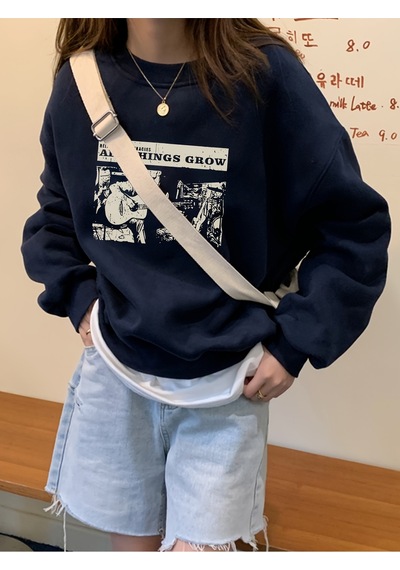 Uyguntarz Unisex All Things Grow Baskılı Oversize Sweatshirt Lacivert