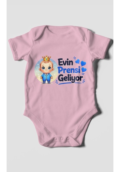 Morivokids Evin Prensi Geliyor Kısa Kollu Bebek Body %100 Pamuk Koyu Pembe