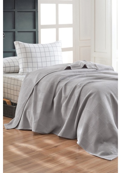 Eponj Home Lastikli Çarşaflı Pike Takımı Tek Kişilik %100 Pamuk 3 Parça Artus Desenli Gri Weave Serisi Gri