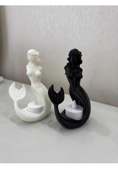 Deniz Kızı Tealight Mumluk 2 Li Siyah Beyaz Dekoratif Figür Ev Ofis Masaüstü Aksesuarı