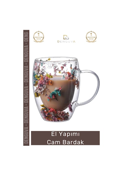 Cambardak Organik Çiçekli Isıya Dayanıklı Borosilikat El Yapımı Estetik Cam Handmade Bardak 350ml Çok Renkli