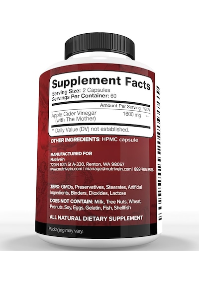 Nutrivein Premium Apple Cider Vinegar Digestion, Keto, Cleansing, And Balanced 1600 Mg - 120 Caps