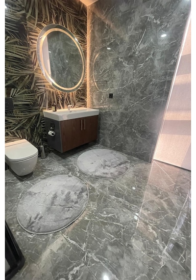 2li Yuvarlak Banyo Paspası Klozet Seti Takımı 80x80 Ve 100x100 Gri