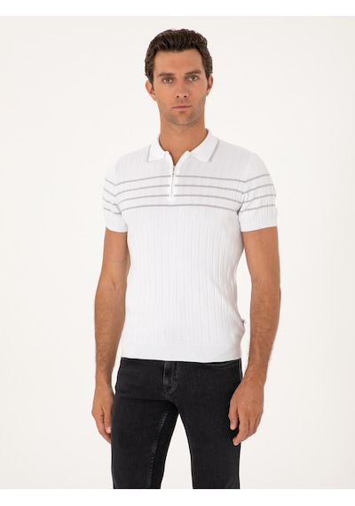 Beyaz Slim Fit %100 Pamuk Fermuarlı Polo Yaka Triko T-shirt