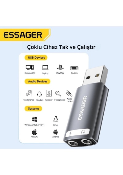 Essager Usb To 3.5mm Jack Çevirici Dönüştürücü Usbden Kulaklık Mikrofon Giriş Dönüştürücü Ses Dönüştürücü
