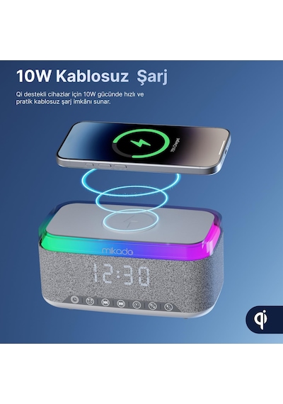 Md-w10 1200mah 10w Gri Bt Usb Rgb Gece Lambası Alarmlı Saat Speaker
