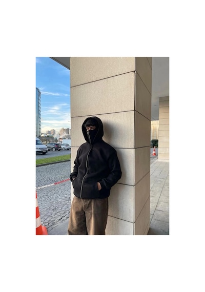 Samuray Ninja Çift Kapşonlu Zıp Fermuarlı Kanguru Çepli Tam Fermuarlı Hoodie Swetshirt - Siyah