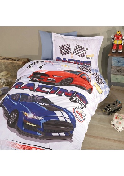 Clasy Ranforce %100 Pamuk Tek Kişilik Nevresim Racing Drag V1 Mavi Mavi