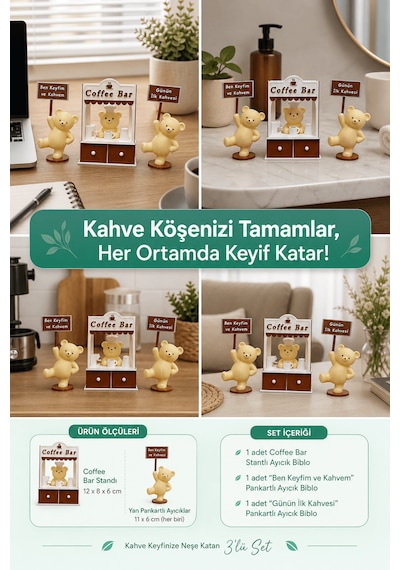 3'lü Kahve Standı Temalı Ayıcıklı Dekoratif Biblo Seti - Kahve Köşesi Aksesuarı -