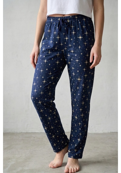 Elemge %100 Pamuk Desenli Kadın Pijama Altı Interlok Kumaş Rahat Kalıp İndigo Cepsiz Kurdele Yıldız Baskı