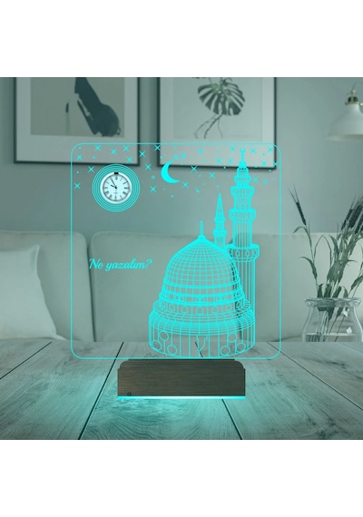 Luvivia Cami Tasarımlı Kişiye Özel Metal Saatli 3d Lamba - Masa Gece Lambası Şeffaf