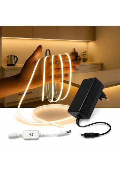 Cob Led Şerit 5m 12v Soğuk Beyaz 6500k Işık 320led/m 8mm Ip20 Adaptör Ve Dokunmatik Tuş Dahil Yapışkanlı Aydınlatma Hortumu