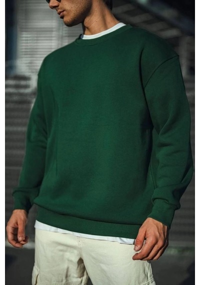 Freedom Storee Erkek Bisiklet Yaka 3 İplik Pamuklu Basic Sweatshirt - Haki Çok Renkli
