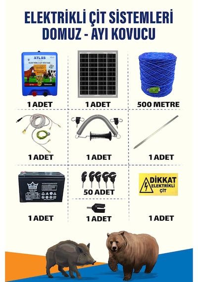 500mt 1-5 Dönüm 12v Akü Ve 25w Güneş Panelli Elektrikli Çit Sistemi + Kapı Yaylı Set