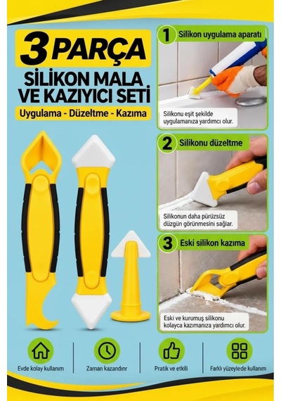 3 Parça Fayans Derz Ve Silikon Kazıyıcı Temizleme Aparatı Mala Seti Lisinya