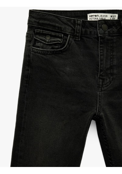 Koton Cepli Yüksek Bel İspanyol Paça Jean Pantolon - Flare Jeans Siyah 6wal40247md Siyah