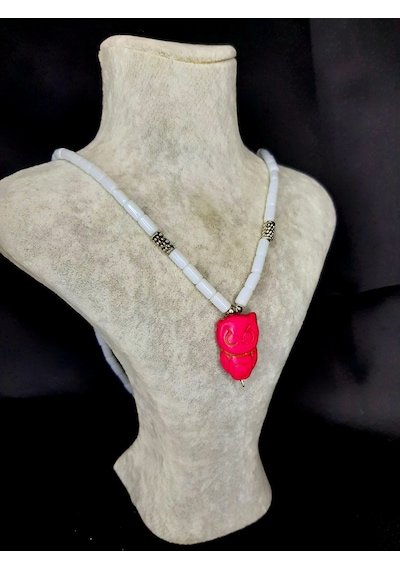 Mryart Baykuş Figürlü Doğal Taş Kolye Pembe Sembol El Yapımı Özel Tasarım Beyaz - Pembe