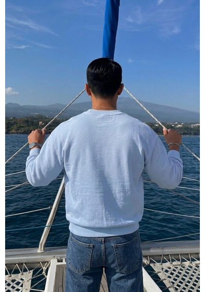 Tarz Cool Erkek Organik Pamuklu Yumuşacık Baskı Detaylı Bisiklet Yaka İçi Polarlı Sweatshirt Mavi