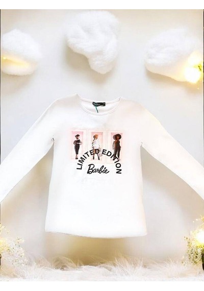 Zekids Kız Çocuk Pamuklu Mevsimlik İnce Uzun Kol Barbie Tshirt-14474 Beyaz