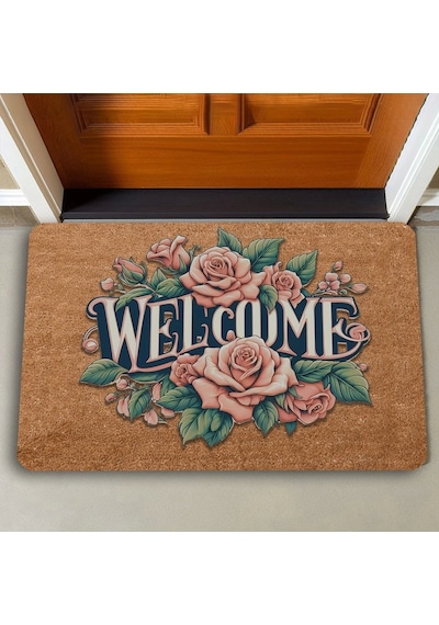 Valerine Life Pudra Rengi Güller Welcome Kapı Önü Paspası 45x70cm