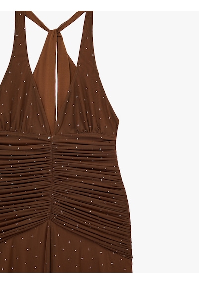 Koton Derin V Yaka Kolsuz Drapeli Bodycon Tüllü Taşlı Abiye Elbise Kahverengi 6sak80079fk Kahve