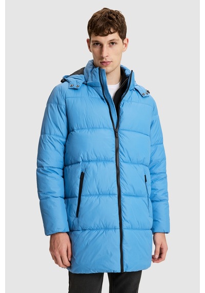 U.S. Polo Assn. Erkek Mavi Kapüşonlu Yaka Regular Fit Ara Boy Fermuarlı Cepli Kaban 50328178-vr036