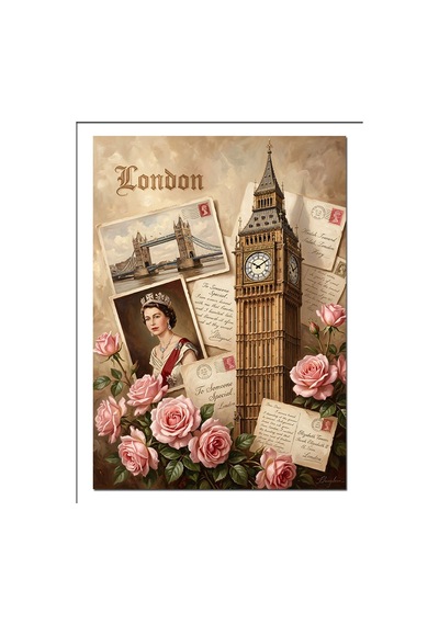 Londra Big Ben Ve Güller Kolaj Dekoratif Kanvas - Mdf Ahşap Tablo